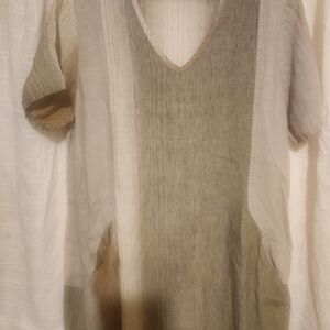 Flax Short Sleeves, Pullover Linen Midi Dress (M) B: 46"